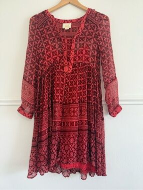 Anthropologie Maeve Boho Dress Pink Red Mixed Print Peasant Midi Dress Size 0/XS